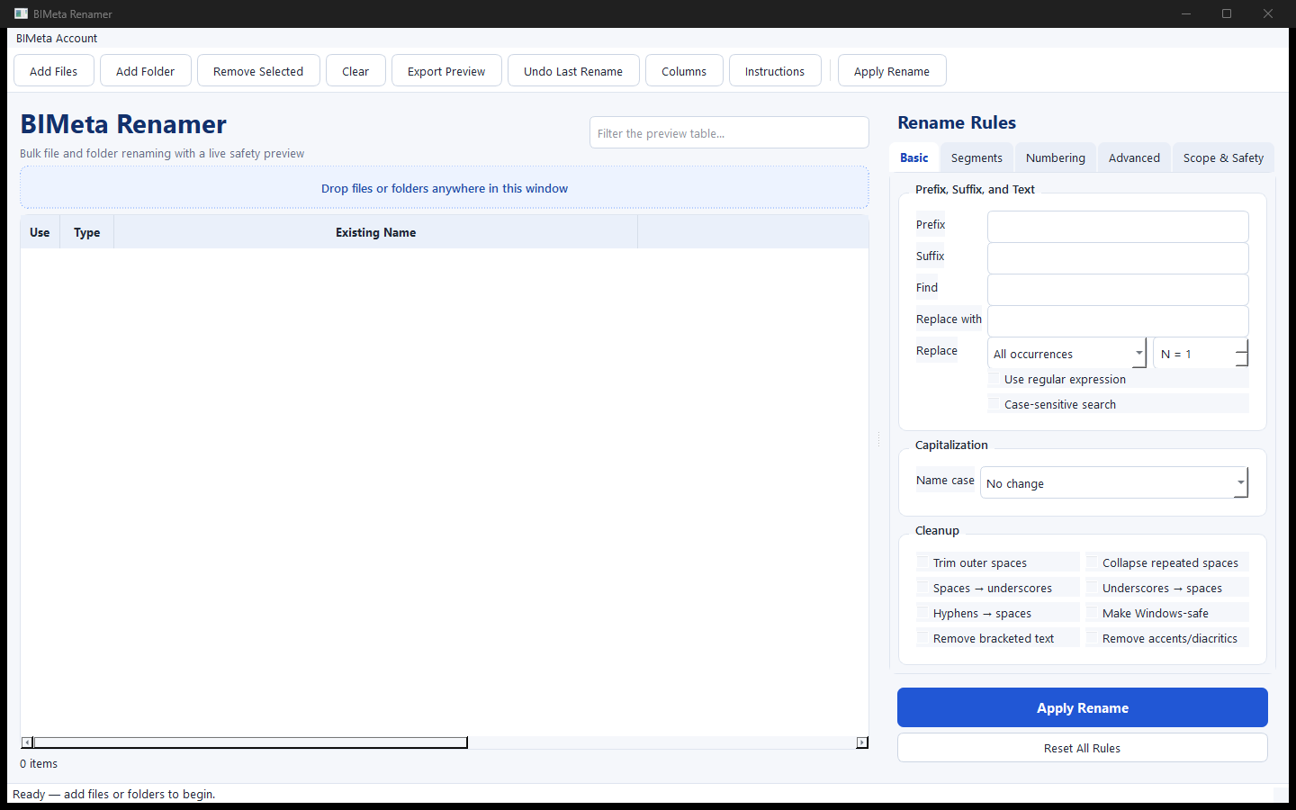 BIMeta Renamer: rename rules on the right, live preview on the left.