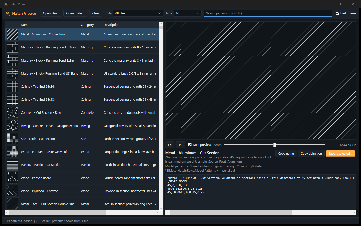 Hatch Viewer with 819 patterns loaded and a live preview.
