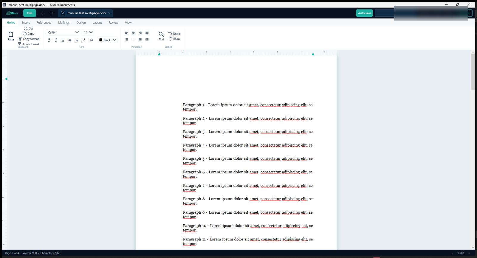 BIMeta Documents Writer with the ribbon, rulers and status bar.