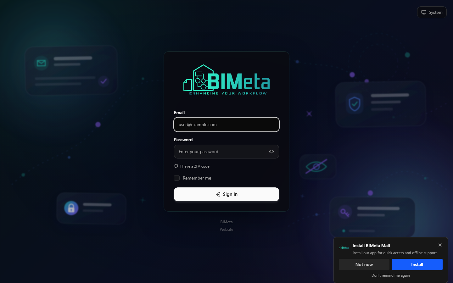 Signing in to BIMeta Mail on the web.
