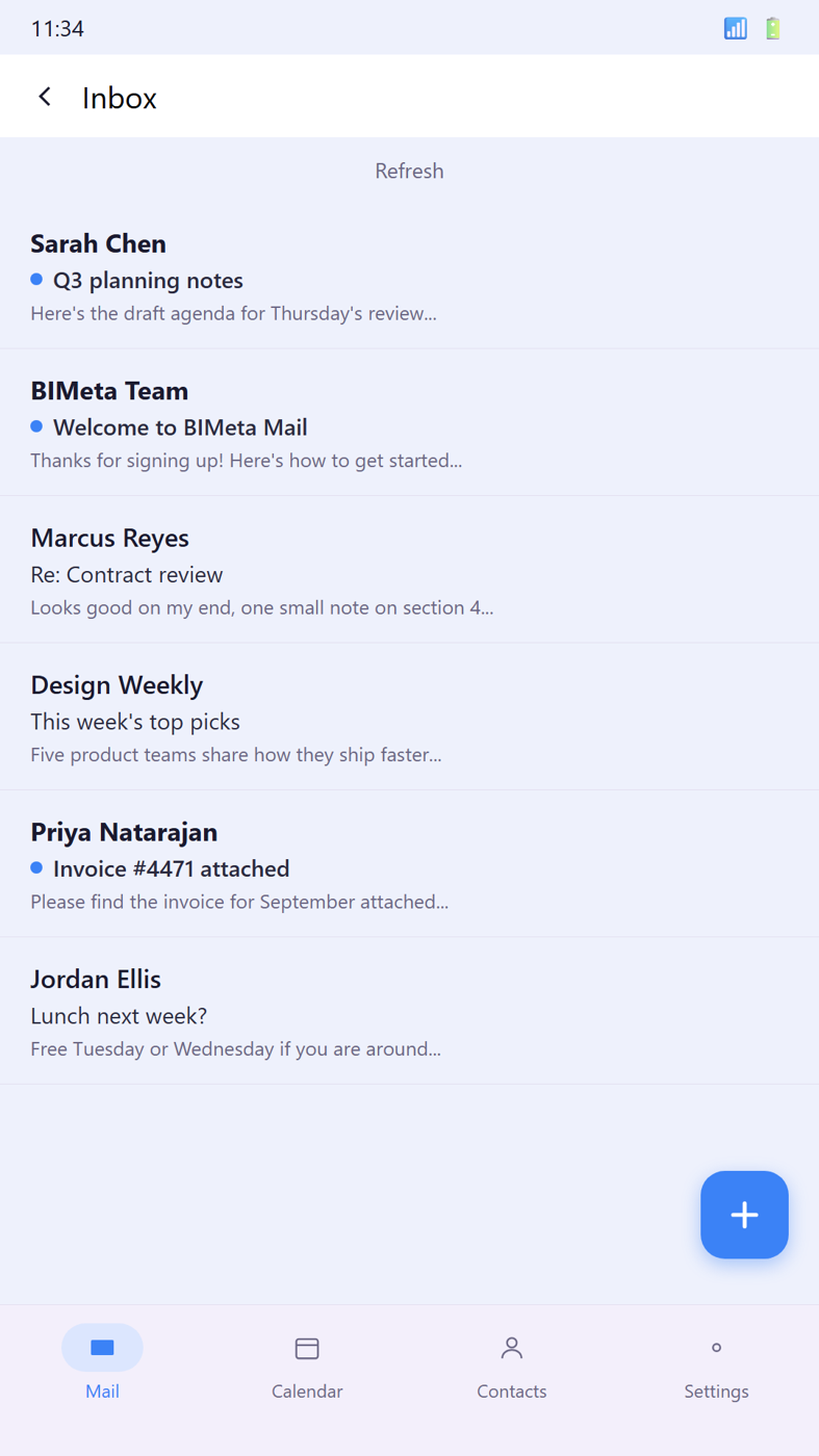 BIMeta Mail for Android: inbox.