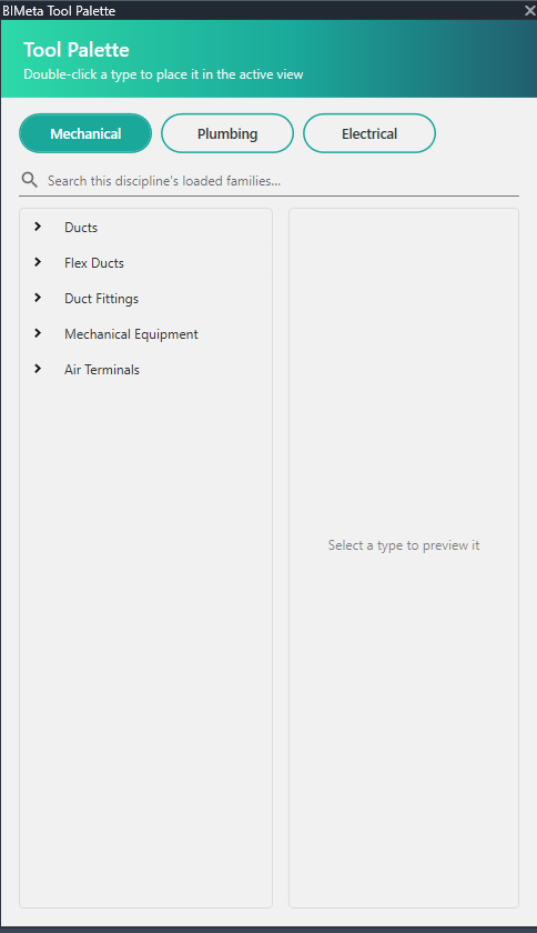 Searching the MEP Tool Palette.