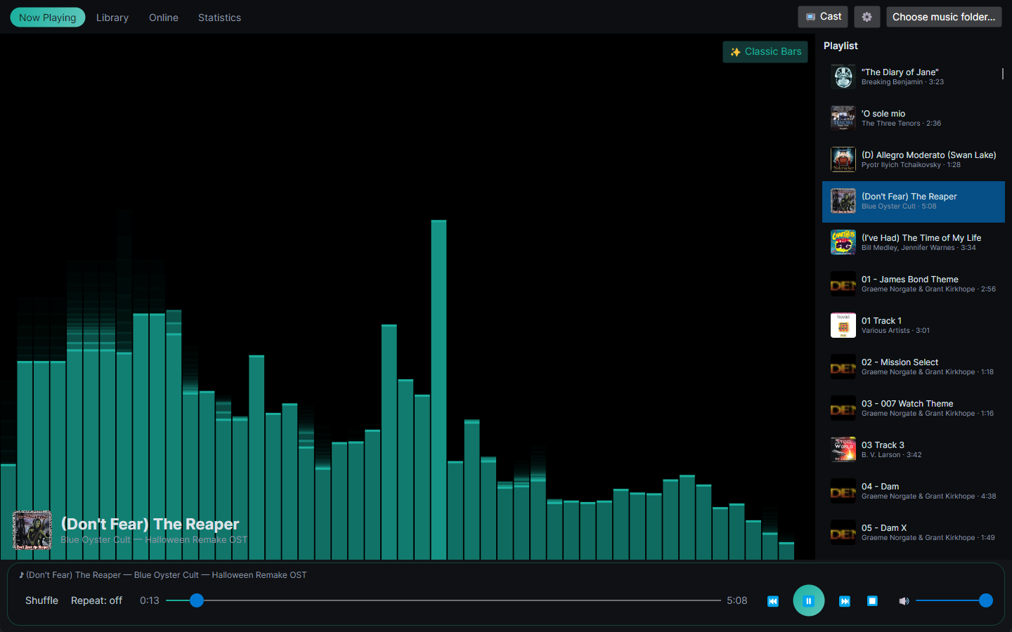 Now Playing with a visualizer and playlist.
