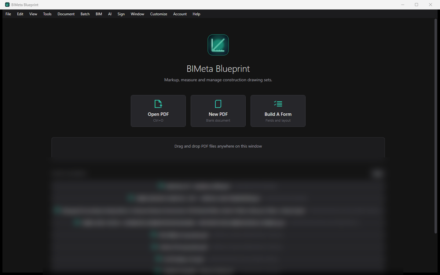 The BIMeta Blueprint start screen: Open PDF, New PDF or Build A Form.