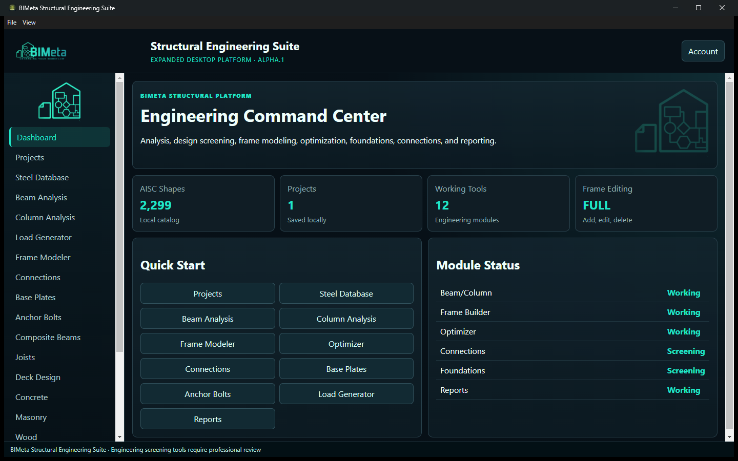 The Engineering Command Center dashboard with Quick Start and Module Status.