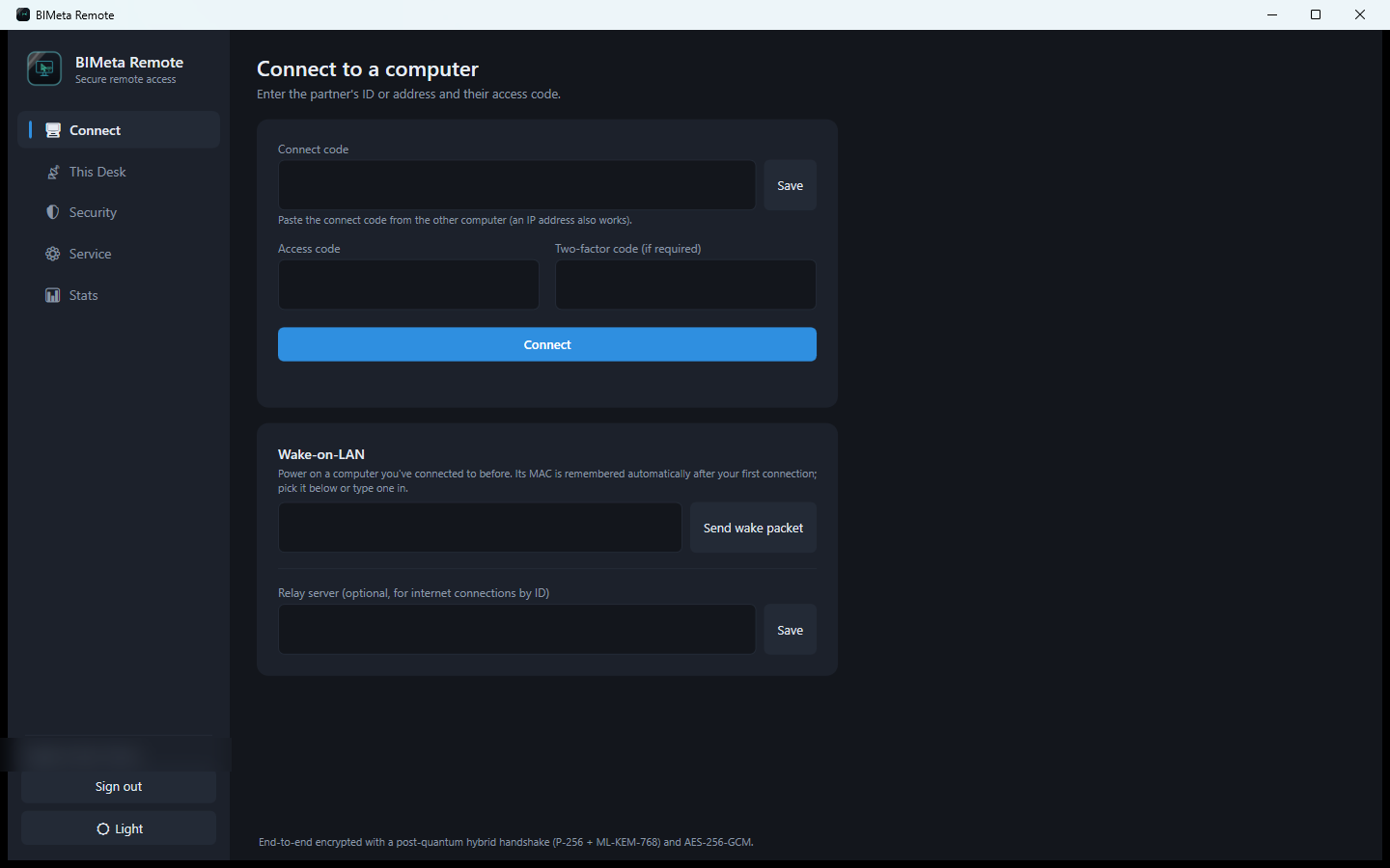 BIMeta Remote: connect to a computer, Wake-on-LAN and relay settings.