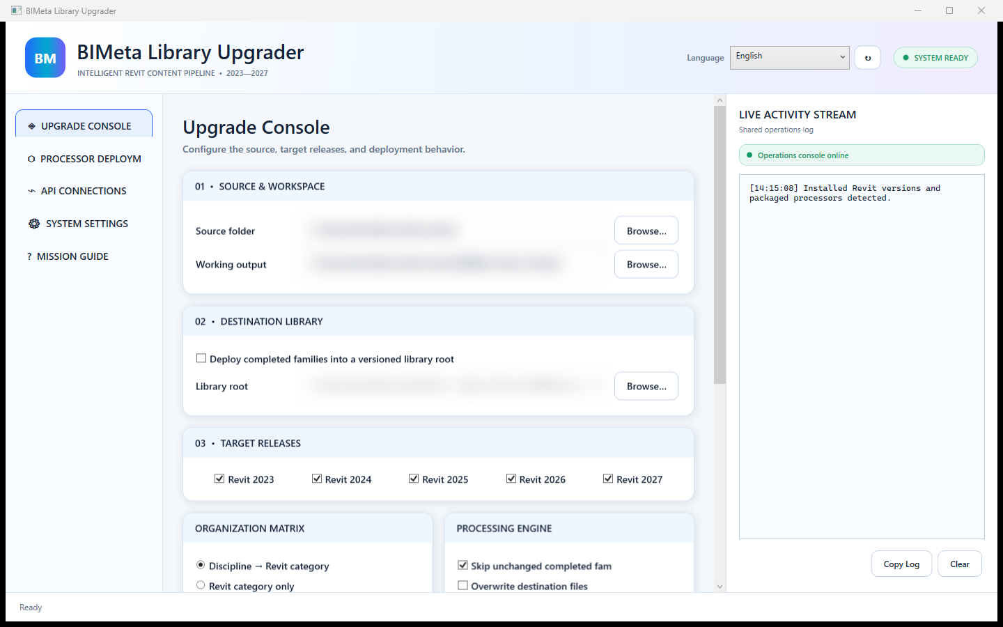 The Upgrade Console: source, destination library and target Revit releases.