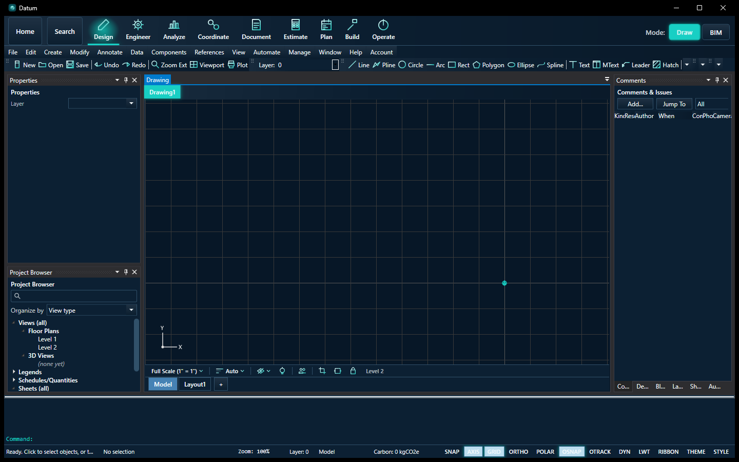Datum's ribbon, project browser and drawing area.