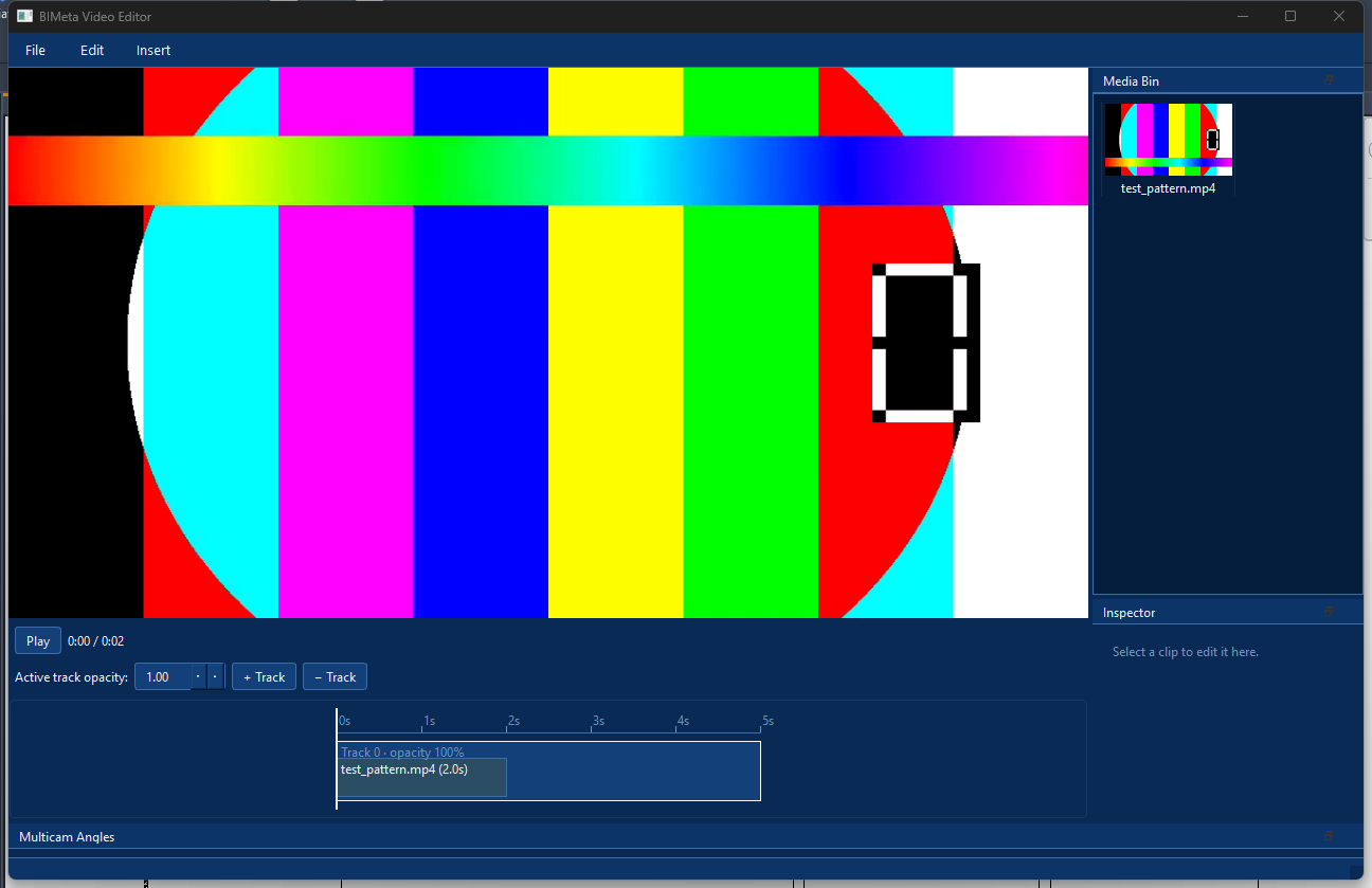 The editor: preview, Media Bin, Inspector and timeline.